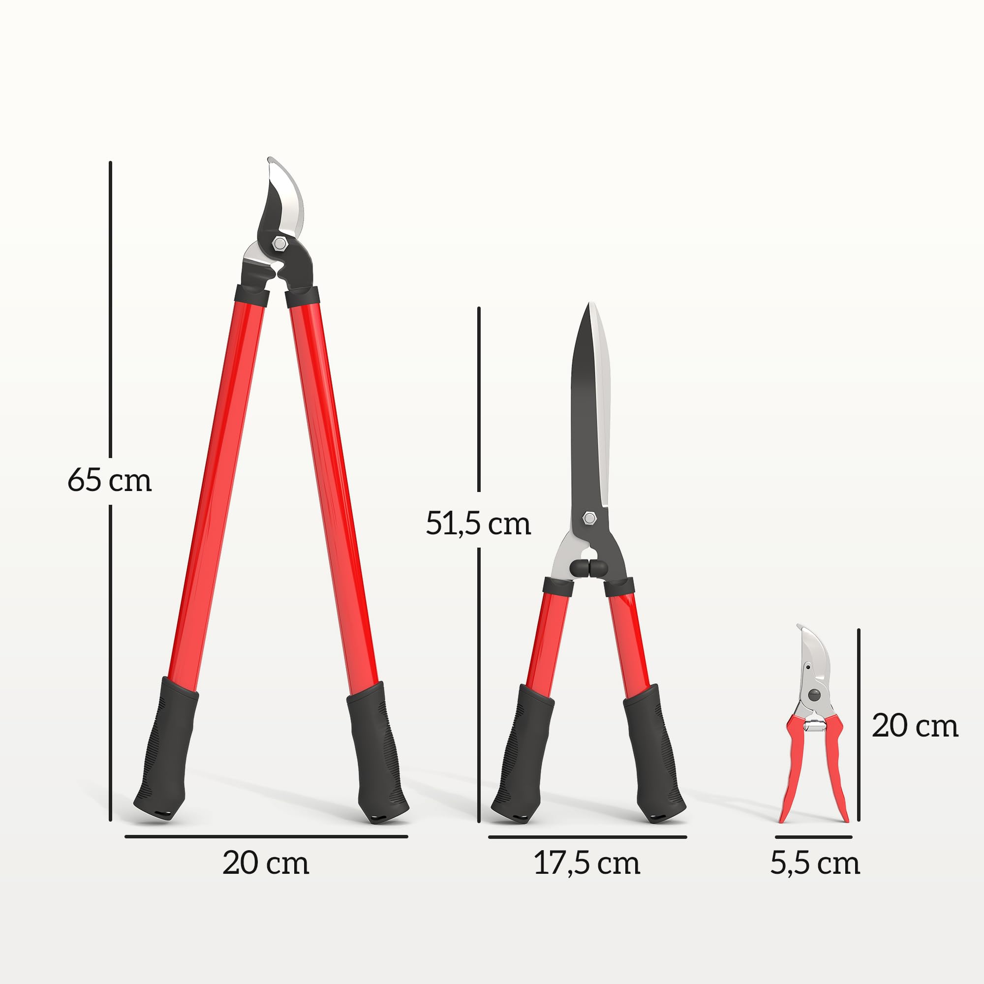 Outsunny Lot de 3 cisailles de jardin, ensemble de coupe pour jardinage, coupe-branches de 65 cm, taille-haie de 51,5 cm, sécateur de 20 cm, avec poignée souple, rouge