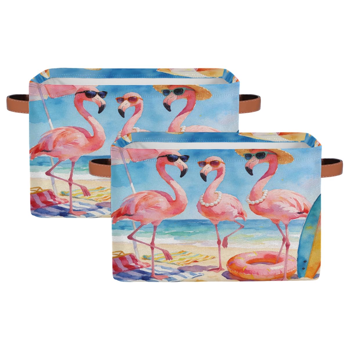 Lustiger Sommer-/Strand-Flamingo-Aufbewahrungskorb mit Ledergriffen, faltbarer Stoff-Aufbewahrungskorb für Schrank, Badezimmer, Wohnzimmer, Büro, Spielzeug, Organizer, Wäschekorb, 2 Stück