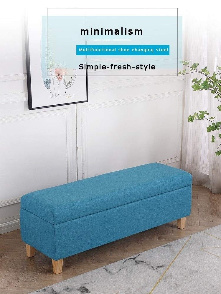 Linen Fabric Footstool Storage Upholstered Ottoman Pouffe Stool Change Shoe Footrest Wooden Legs for Living Room Bedroom Light Blue (120 * 40 * 42cm) (Color : Beige, Size : 120 * 40 * 42cm)