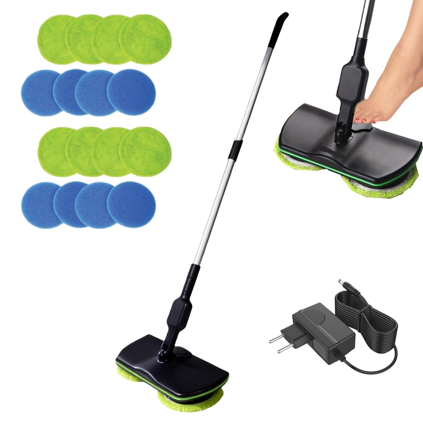 Emocioni mopa eléctrica inalámbrica Recargable con Interruptor de pie y rotación de 180 Grados para Suelos Duros de Madera, Azulejos y laminados con 16 Almohadillas de Limpieza