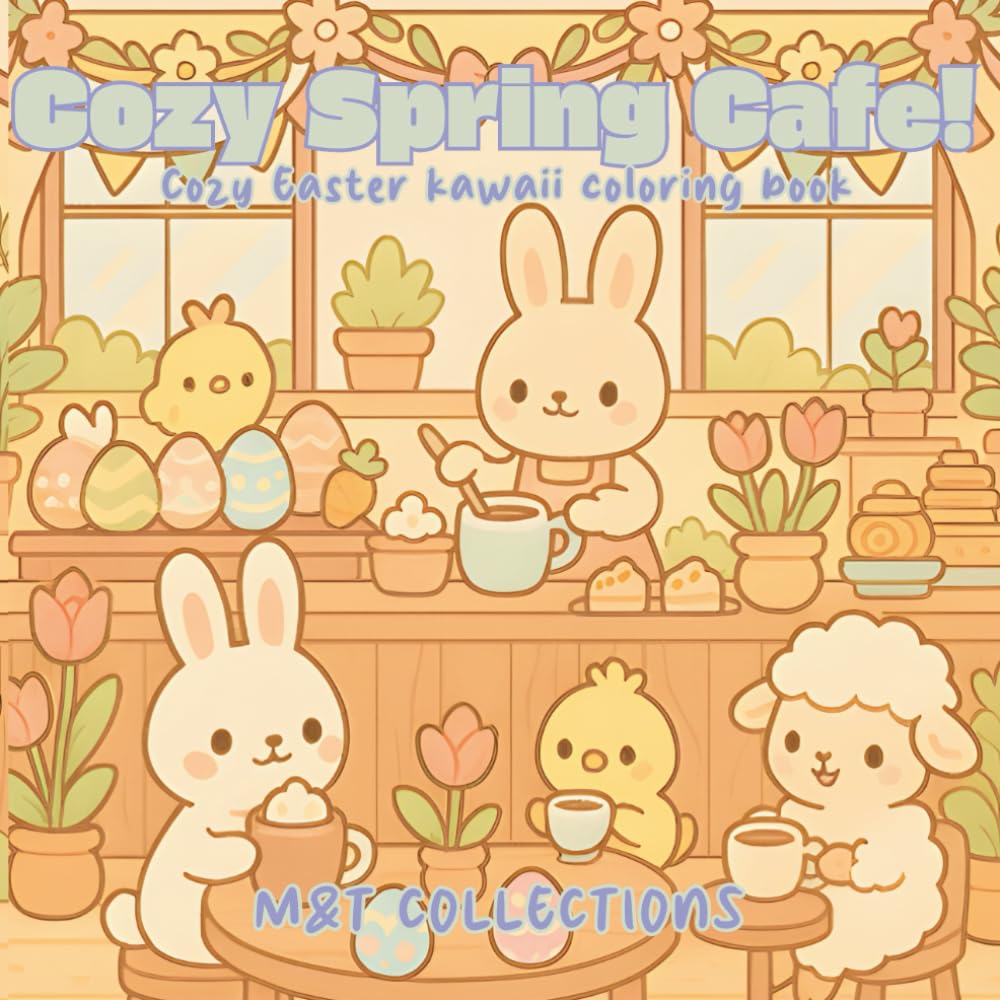 Cozy Spring Cafe!: Cute and cozy spring kawaii coloring pages for kids and adults