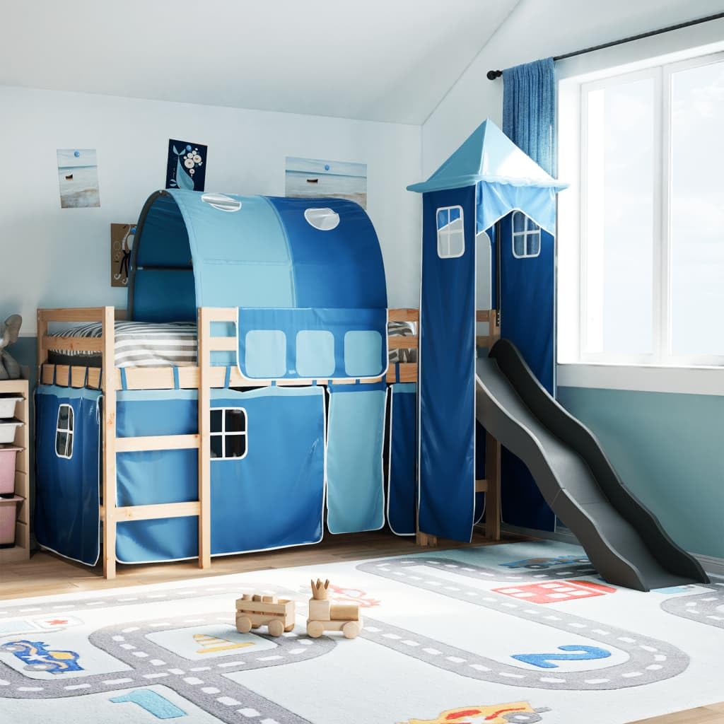 vidaXL Kids' Loft Bed with Tower and Slide - Solid Pine Wood, Blue, 80x200 cm, Fun Indoor Playground, Safety Guardrails, Slatted Base, Children's Room