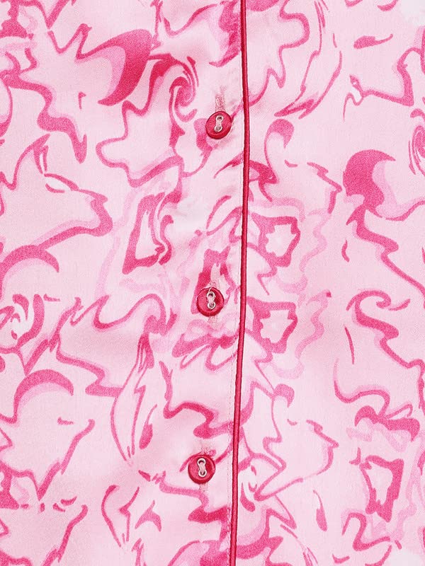 Image of Clovia Women's Satin Tie- Dye Print Button Down Shirt & Shorts Set in Pink