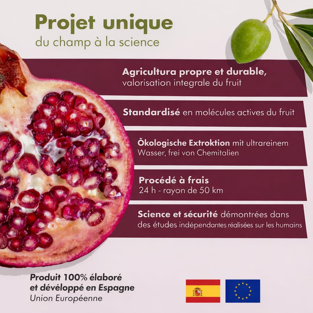 Granatum Plus - Punicalagine et Hydroxytyrosol - Extrait de Grenade et d'Huile d'Olive Extra Vierge - Antioxydant et Anti-inflammatoire - Soin de la Peau - Produit en Espagne - 1 Boîte de 60 Gélules
