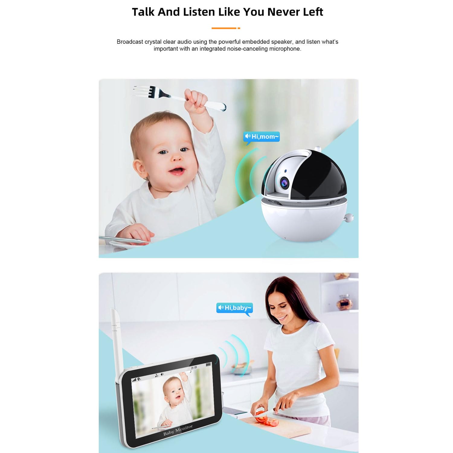 Baby Monitor Portatile, Schermo HD 720P Baby Monitor Video da 5'', Audio Bidirezionale, Zoom, Visione Notturna, Ninne Nanne, Lungo Raggio di 1000ft, Visione Notturna a Infrarossi, modalità VOX