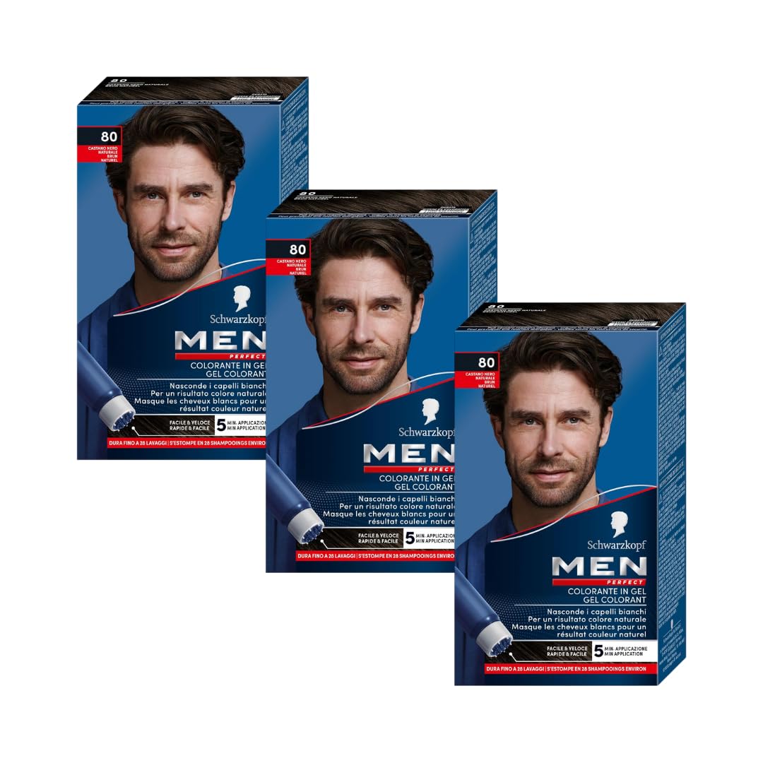 Men Perfect - Schwarzkopf - Gel Colorant Anti-Cheveux Blancs Homme - Coloration Cheveux Homme - Résultat Naturel – Application rapide et facile - Sans Ammoniaque - Brun Naturel 80