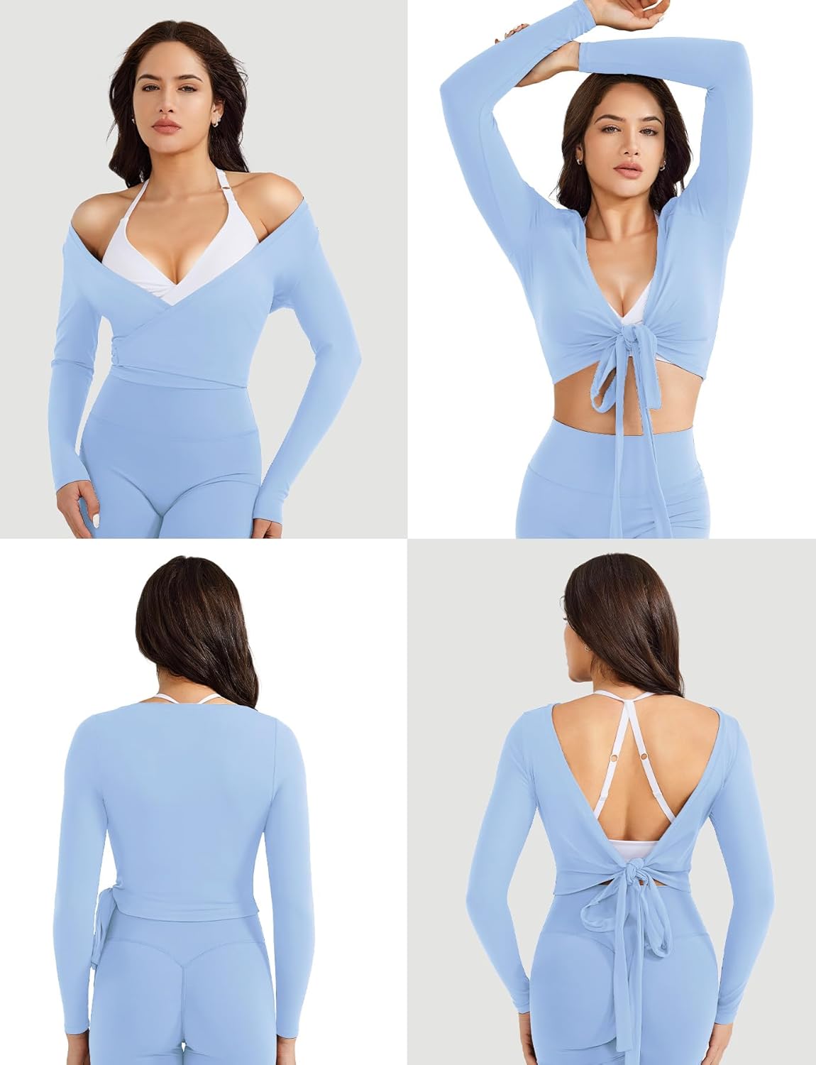 VOYJOY Women Ballet Wrap Top Long Sleeve Shirt Blouses Y2K Workout Gym Active Adjustable Tie Shirt Tops - Image 4