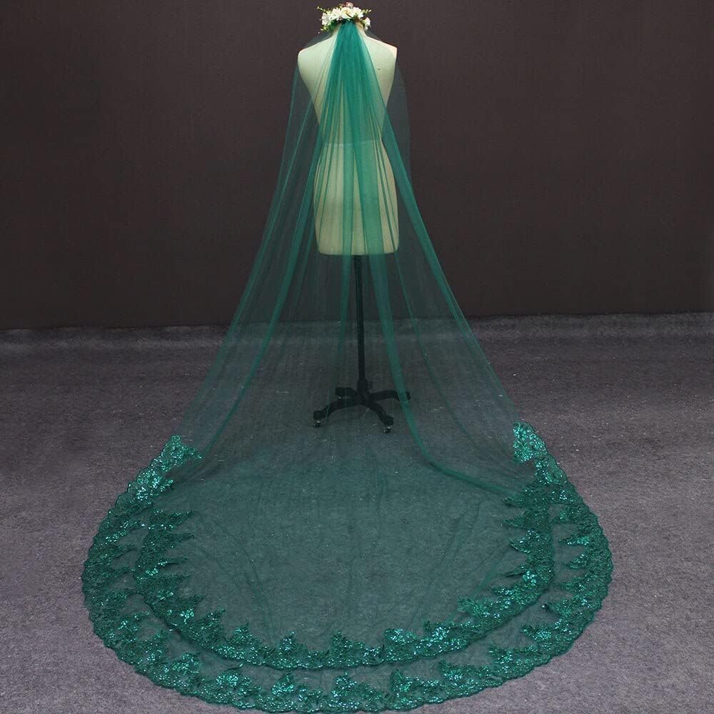 Velo da Sposa Veli Verdi Singolo Livello Bling Tulle da Sposa Paillettes Velo da Sposa in Pizzo con Pettine Velo da Sposa per Velo da Sposa in Tulle da Donna Elegante