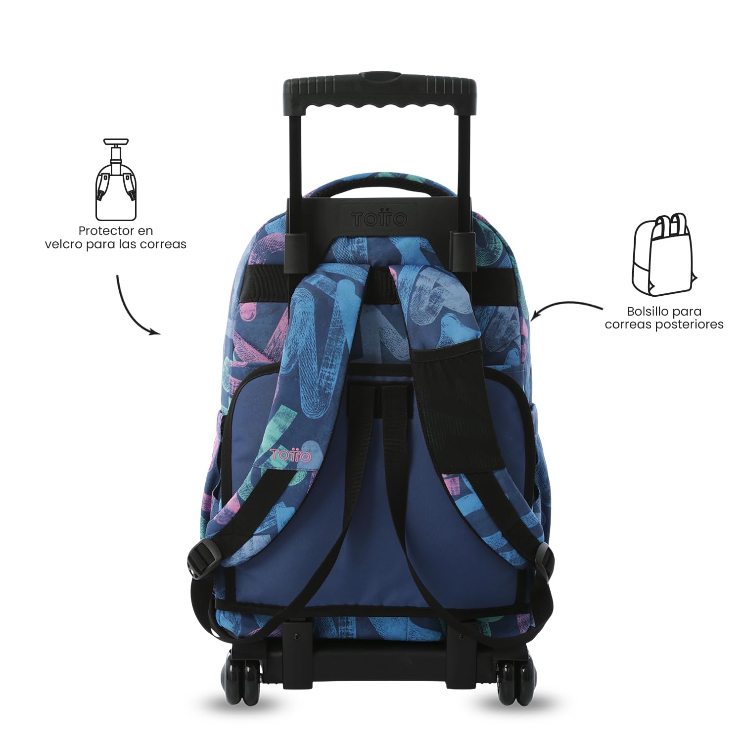 TOTTO - Mochila Escolar con Ruedas, Modelo Renglones, Capacidad 26,21 Litros, Bolsillo para PC 14", Bolsillo Botella, Correas en S para Mayor Comodidad, Resistente, Estampado Roomin Azul