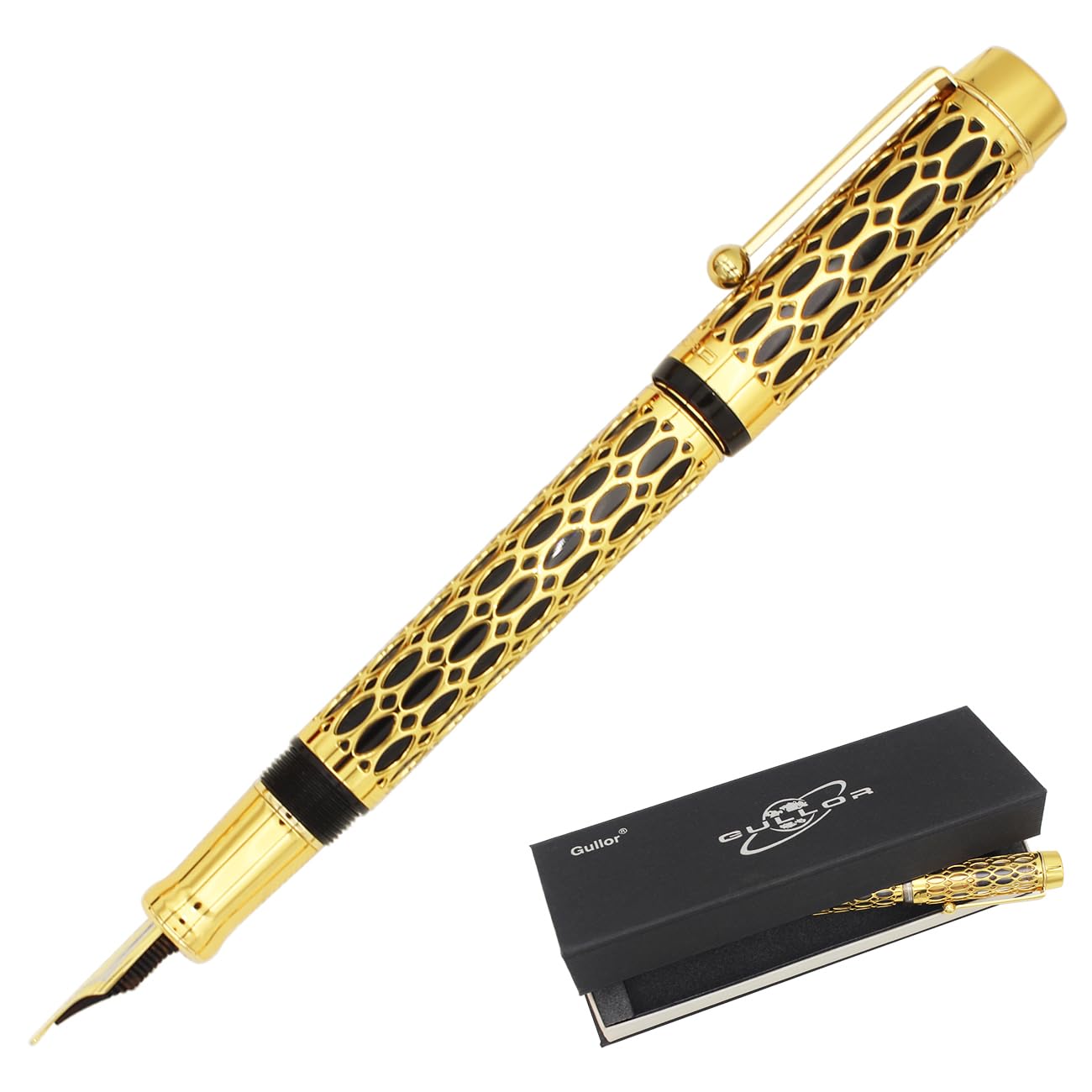 Gullor Openwork Gold Fountain Pen with Gift Box, Screw Cap, Black Barrel, Extra Fine Nib