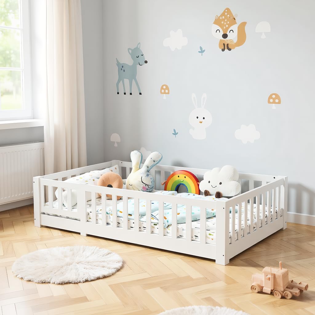 Cama Montessori Infantil 90x200 de Madera Maciza, Cama Suelo con Barandilla de Seguridad, Montessori Camas para Niños y Niñas, Cama Infantil Baja para Dormitorio Infantil, Blanco