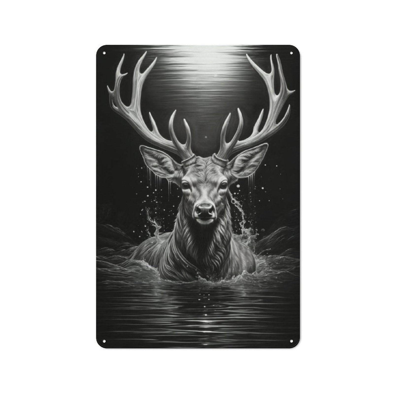 Junmoney Majestic Deer In Moonlight Tin Sign 30X20cm With For Workshop Wall, Rustic Decor, Autumn Room Decor For Fans Of Metal Wall Signs