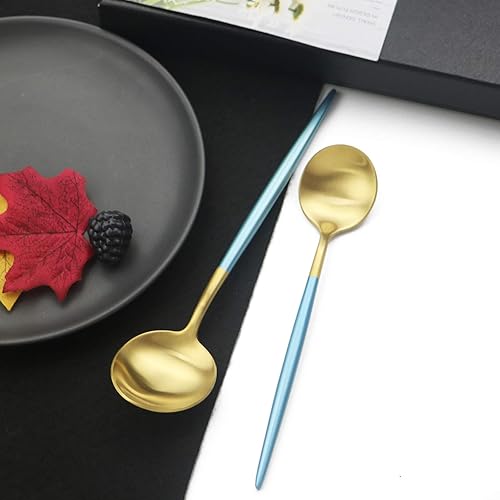 Miniatura 7 de JASHII Juego de cubiertos de lujo con mango azul 1810, juego de cubiertos de acero inoxidable 304, 20 piezas, acabado satinado moderno Adaline