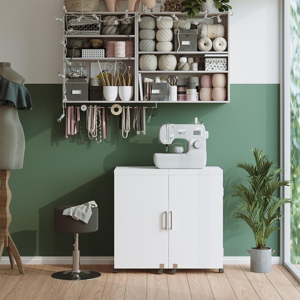 Vicco Mesa de Costura Carmen, Blanco, 160 x 80.2 cm con 6 estantes, Plegable con Ruedas para Uso Flexible como Mesa de Trabajo