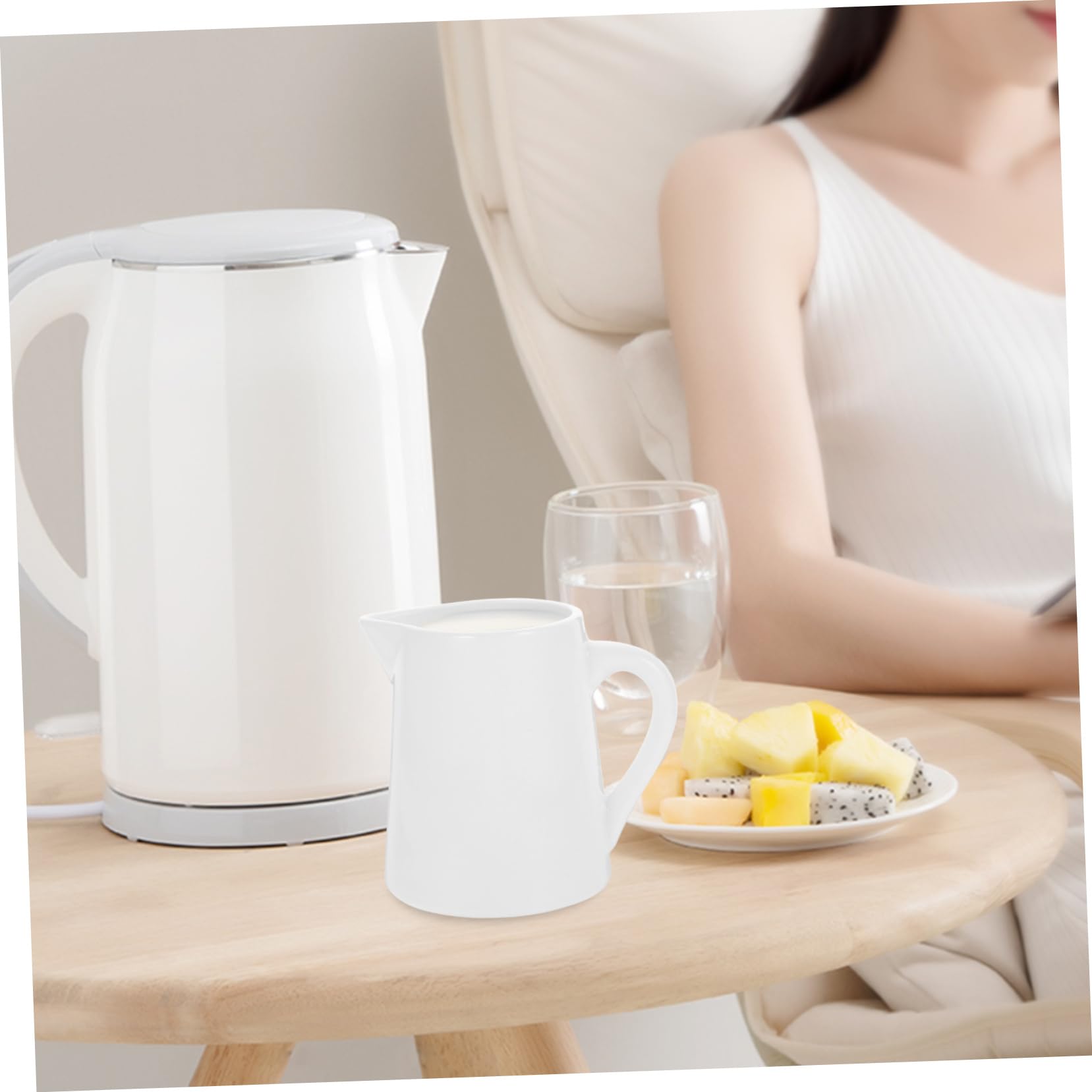 OFFSCH Serving Pitcher Milk Frother White Ceramic Creamer and Sugar Pourer for Hot Drinks