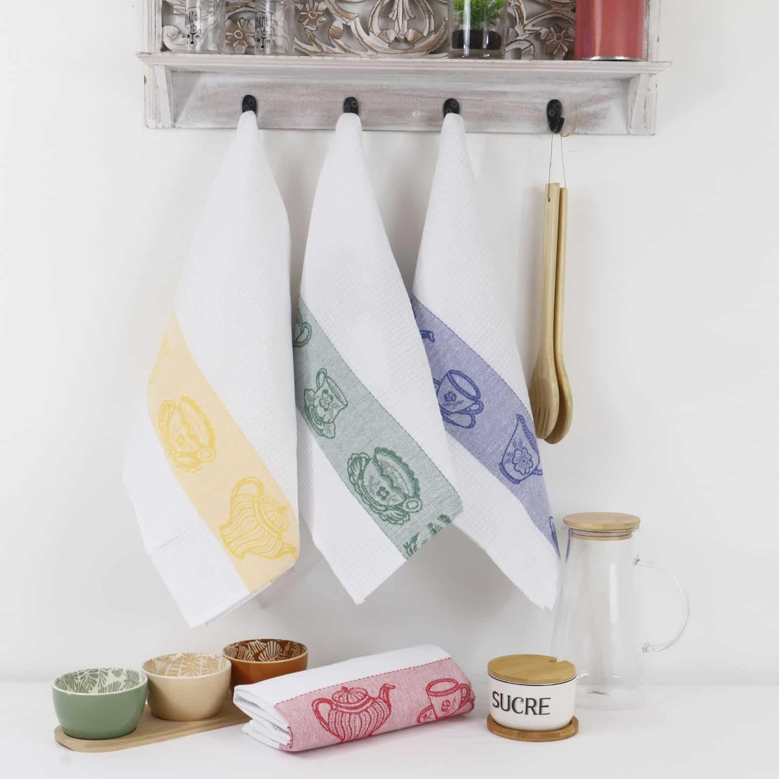 Set di 12 strofinacci in cotone a nido d'ape jacquard REBECCA – multicolore – 55 x 75 cm