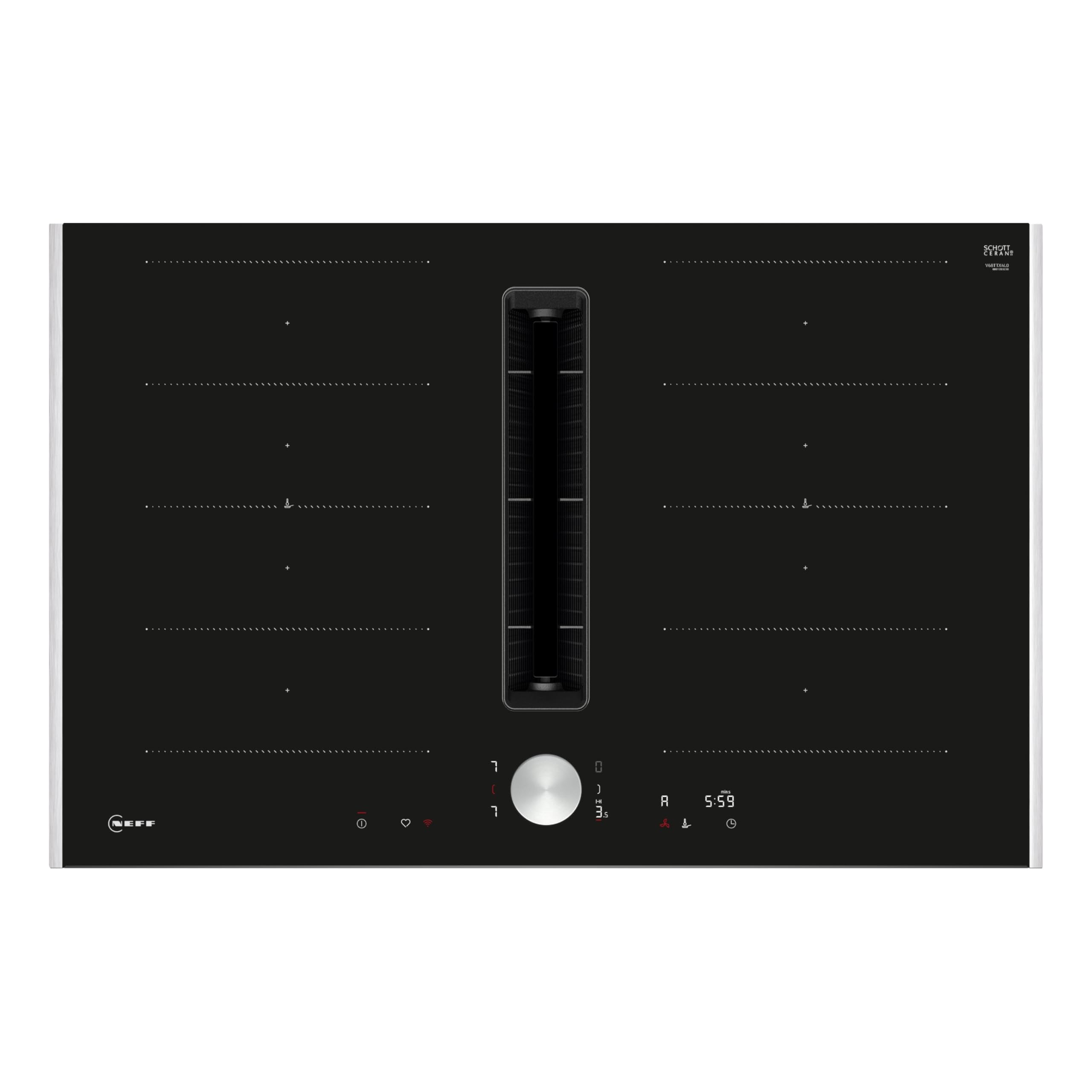 NEFF V68TTX4L0 N 90 Induktionskochfeld mit integriertem Dunstabzug 80cm, Extrem Leise, Intuitive Flexzonen, Automatischer Luftsensor, Twist Pad, Filter Spülmaschinenfest, Home Connect, Edelstahlrahmen