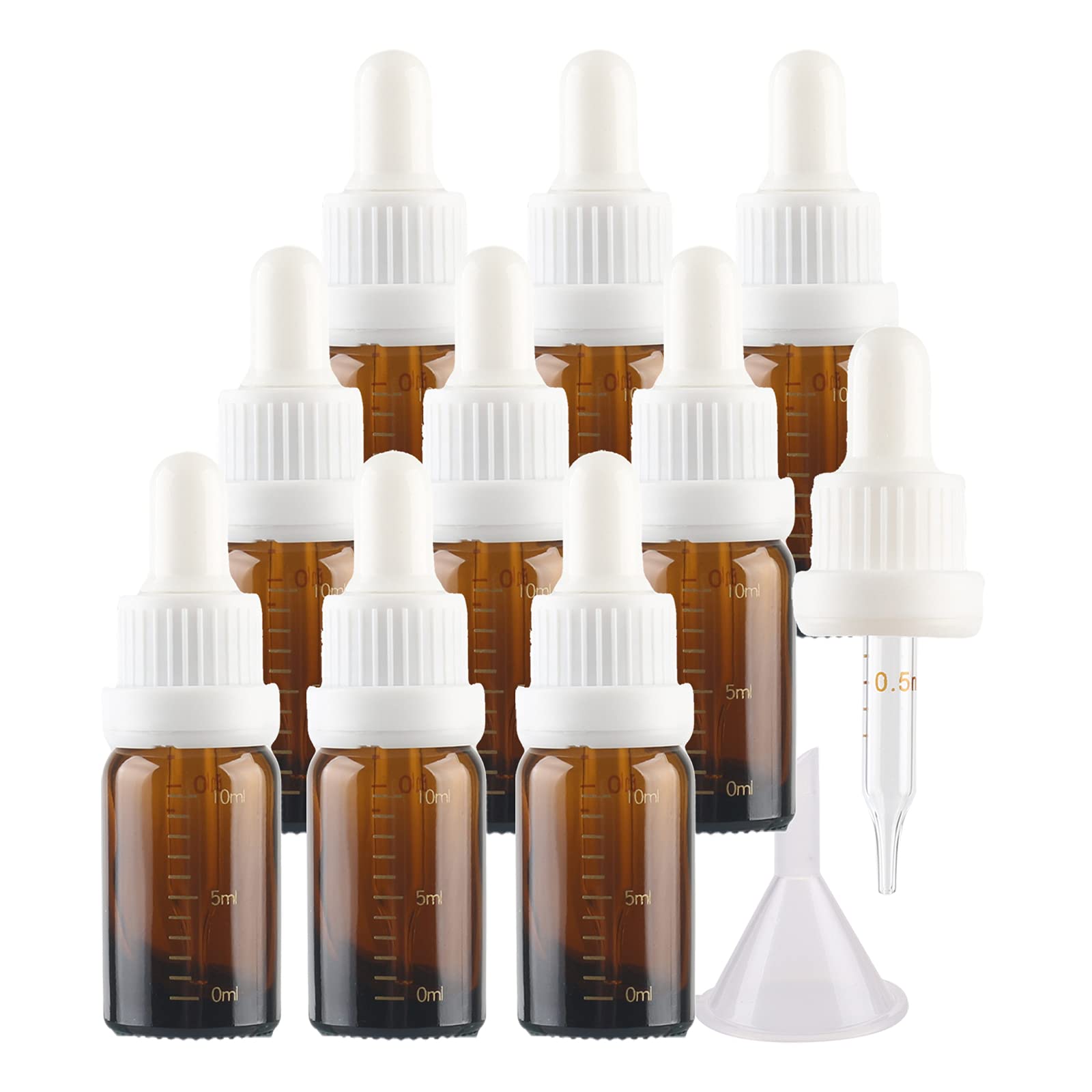 24 Pezzi Vuoto 10 ml Ambra Bottiglie Contagocce Graduato in Vetro, Marrone Flaconi con Pipetta Contagocce e Chiusura a Prova di Manomissione Bianco, per Aromaterapia, Olio Essenziale