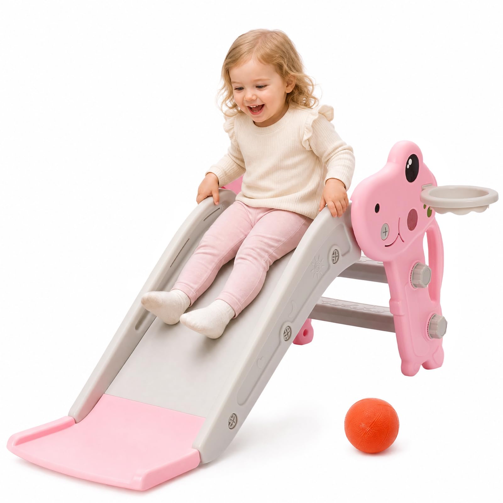 Toddler Slide Indoor, Baby Slide with Basketball Hoop and Ball, FreeStanding Toddler First Slide Playset (Dinosaur) (Pink)