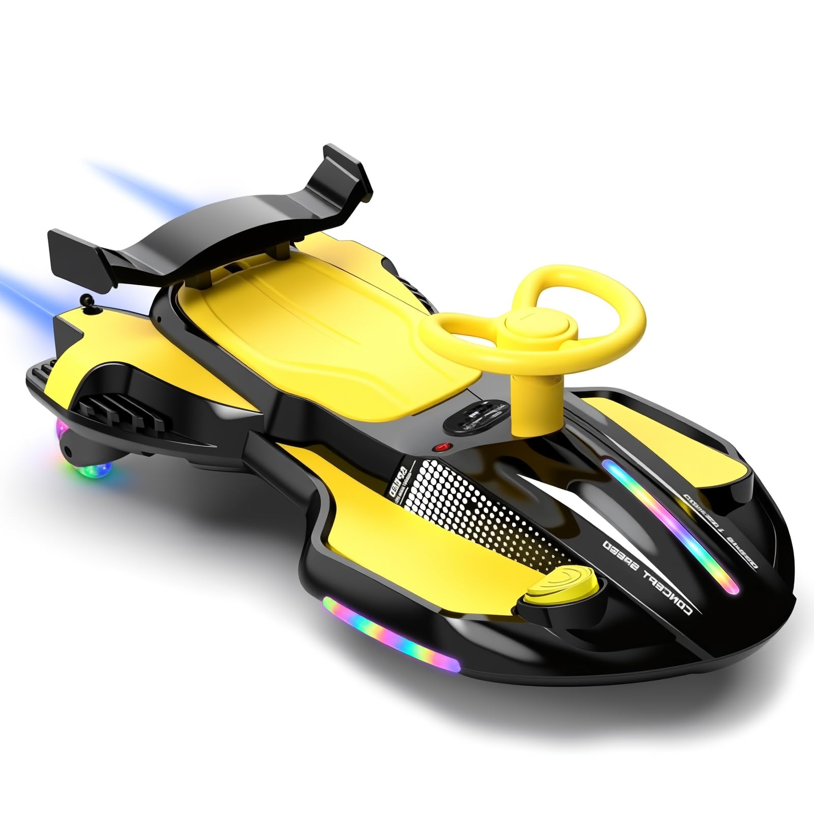 CoolGrows 12V Electric Wiggle Car with Turbo Spray, Bluetooth, LED Flashing Wheels | 2-in-1 Ride on Toy, Rechargeable Battery, Anti-Rollover, Fits up to 175 cm, Ages 3+(Yellow)