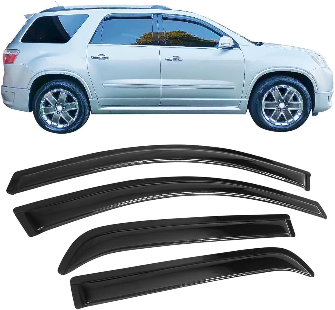 IKON MOTORSPORTS, Window Visor Compatible with 2007-2016 GMC Acadia & 2017-2020 Acadia Limited & 2007-2010 Saturn Outlook, Acrylic Smoke Tinted 4PC Side Air Deflector Rain Shade Guard