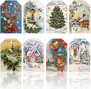 Whaline 120Pcs Christmas Gift Tags with 30m / 98.4ft Hemp Rope Vintage Seasonal Wishes Labels Holiday Season Gift and Favor Tags for Seasonal Favors Xmas Parties and Celebrations, 8 Styles