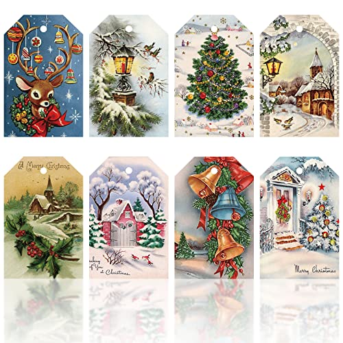 Whaline 120Pcs Christmas Tags with 30m / 98.4ft Hemp Rope Vintage Seasonal Wishes Labels Holiday Season Gift and Favor Tags for Seasonal Favors Xmas Parties and Celebrations 8 Styles