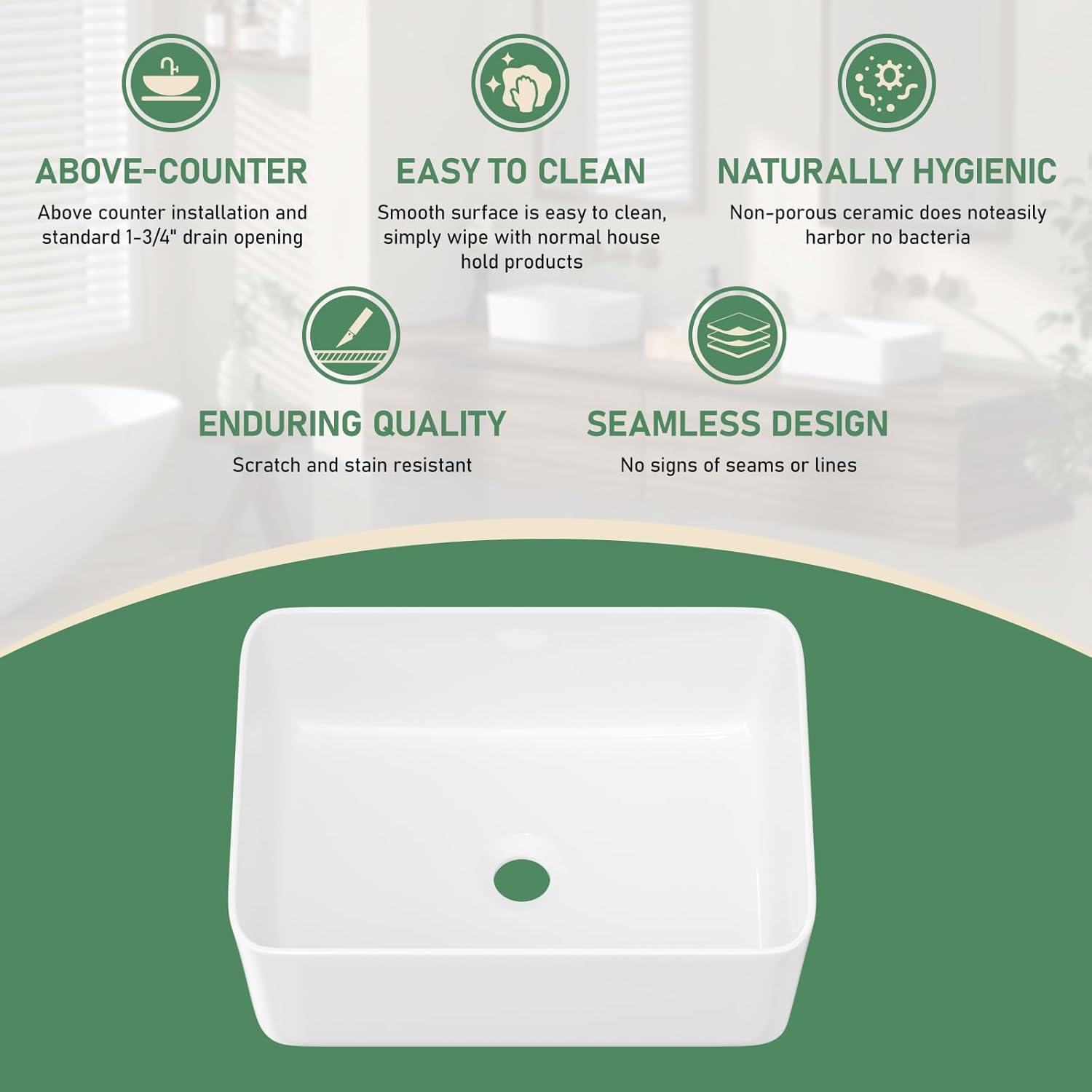 16 Inch Rectangle Vessel Bathroom Sink 16"x12" Small White Ceramic Bathroom Sinks Above Counter Porcelain Hand Basin for Lavatory Room Rectangular Vanity Top Sink, CYC1612