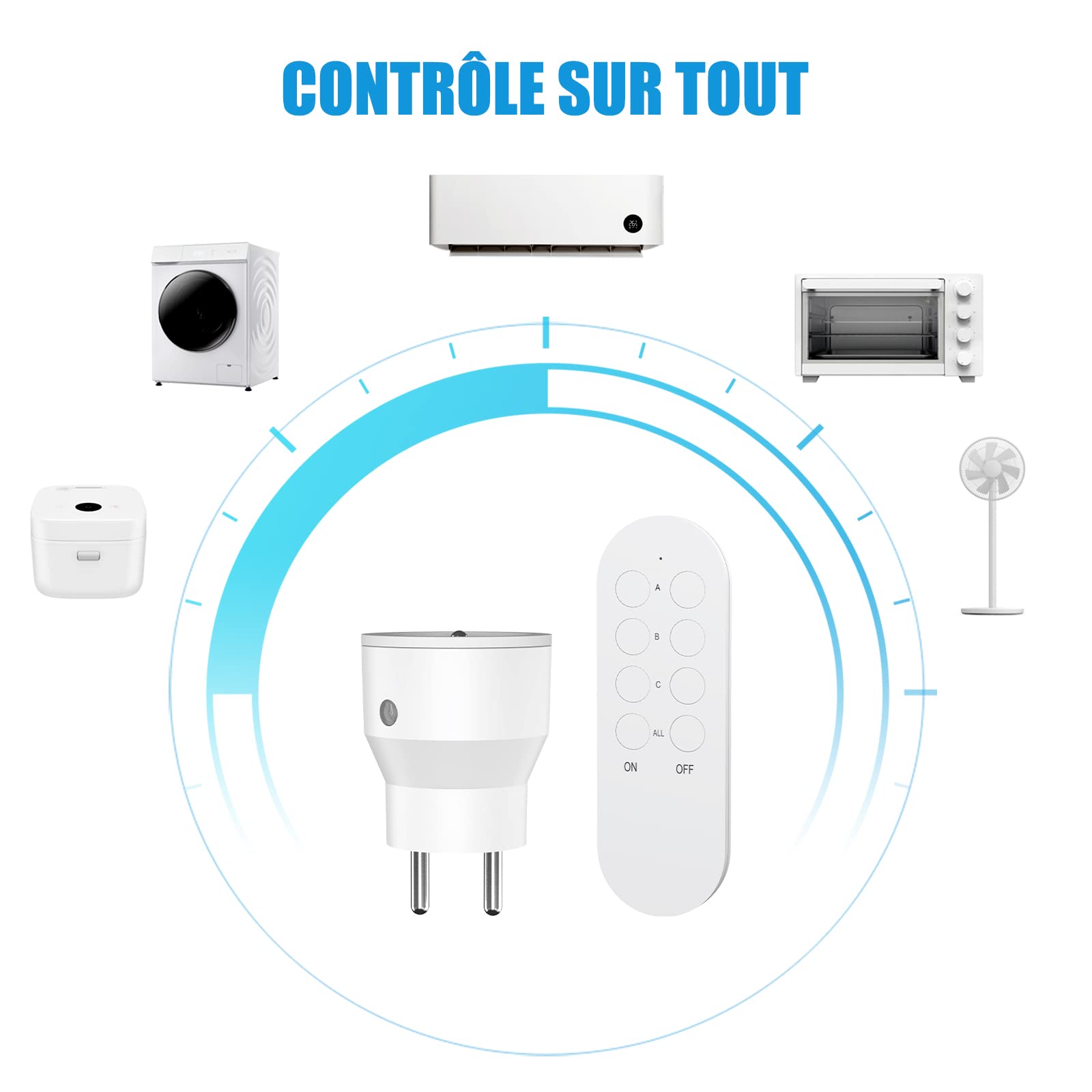 Prise Telecommande Sans Fil 10A, 80M de Distance de Contrôle Dans la Zone Ouverte, 2300W, Puissance dissipée faible, 5 Prises Électriques et 2 Télécommande