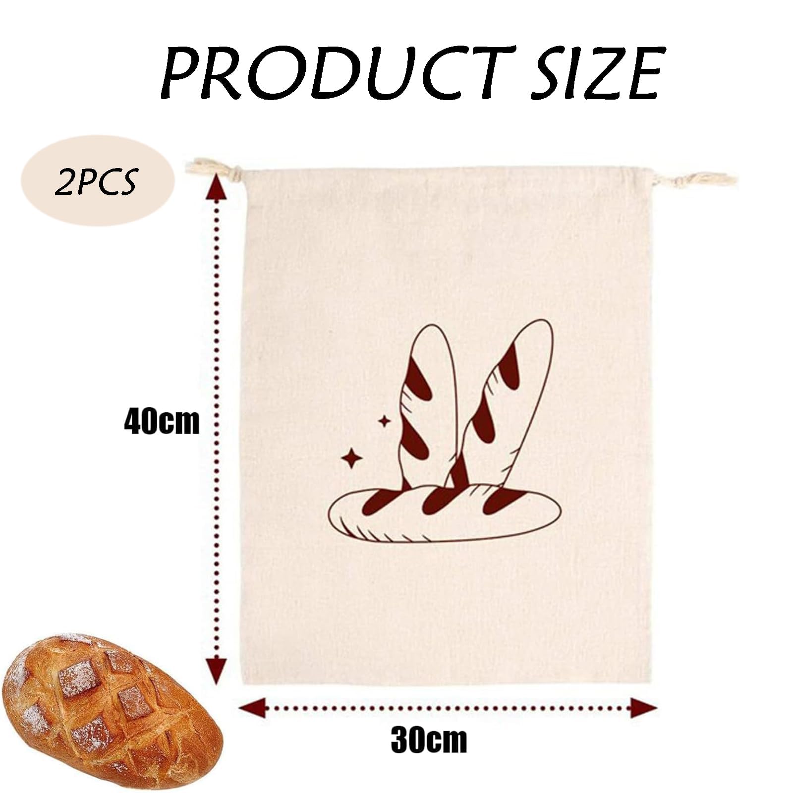 2PCS Linen Bread Bags - Large Reusable Muslin Homemade Eco Bread Storage Bags with Drawstring, Khaki, 30cm x 40cm - Image 2
