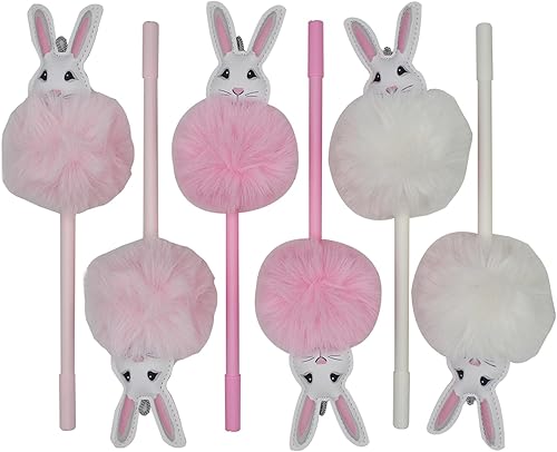 Miniatura 7 de Maydahui 6 bolígrafos de peluche con pompones de conejo de piel esponjosa, bolígrafo de gel de conejo de dibujos animados, con orejas largas, con 12