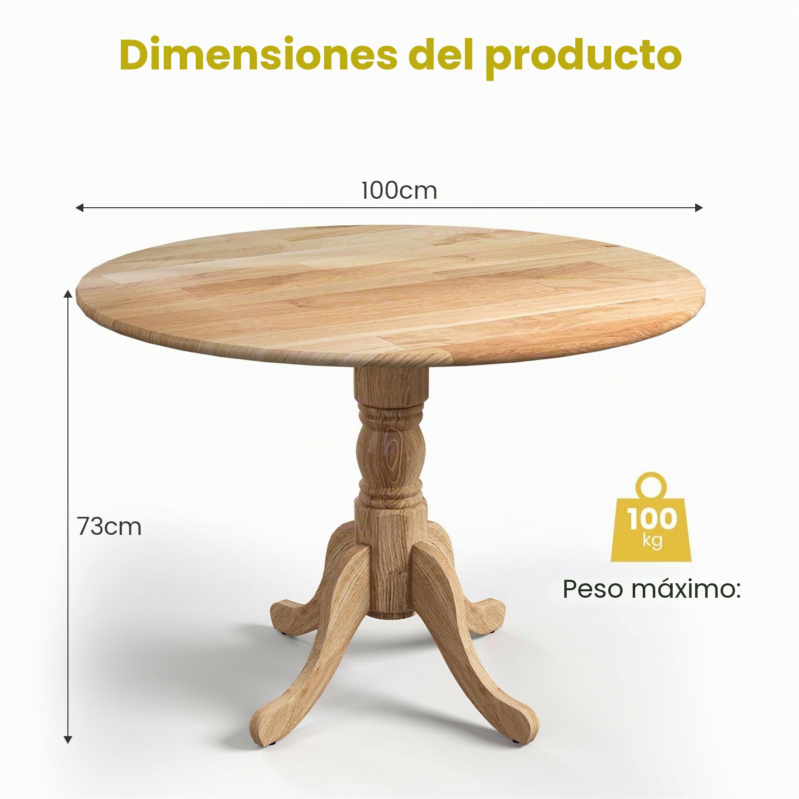 GIANTEX Mesa de Comedor Redonda 100 cm, Mesa de Cocina de Madera de Caucho para 4 Personas, Base de Pedestal, Estilo Rústico, para Restaurante, Cafetería (Natural)