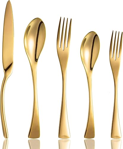 Juego de cubiertos dorados de 20 piezas, aspecto moderno único, para el hogar y la cocina, vajilla de acero inoxidable para 4, incluye cuchillos,