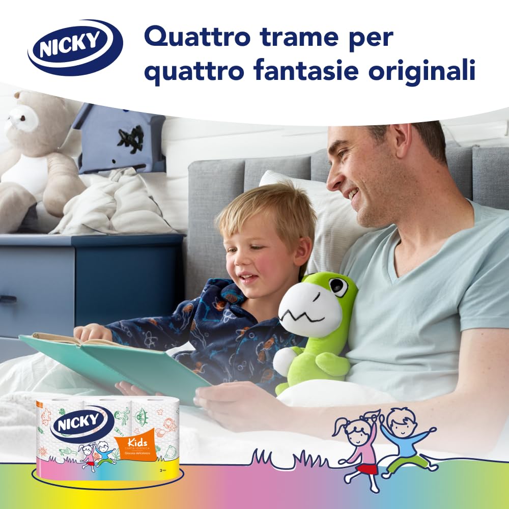 Nicky Kids – 42 Rotoli di Carta Igienica per Bambini, 170 Soffici Fogli a 3 Veli, Quattro Simpatiche e Colorate Trame, Ogni Rotolo Racconta una Storia, Carta 100% Certificata FSC