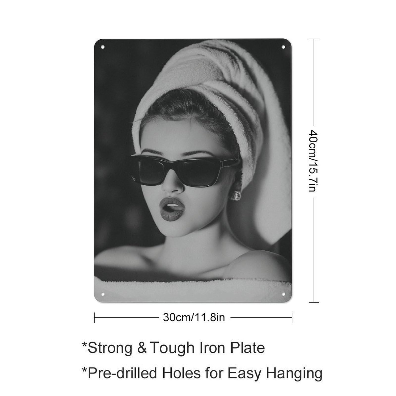 Rucatto El póster cuenta con una mujer elegante con gafas de sol y con una toalla envuelta alrededor de su cabeza. Moderno póster de metal para decoración de pared del hogar, 40 x 30 cm
