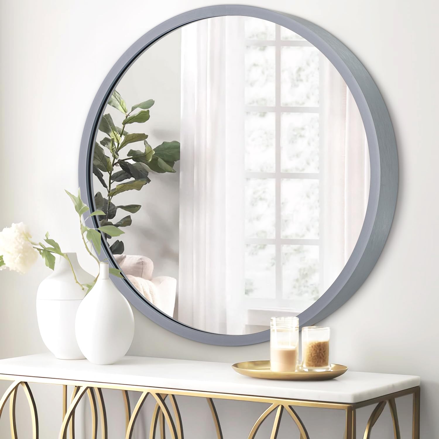 Jjuuyou Grey Round Wall Mirror 40Cm Hanging Circle Mirror Round Gray Mirrors For The Bathroom Metal Frame Mirrors For Bedroom Living Room Or Entryway Wall Decorative