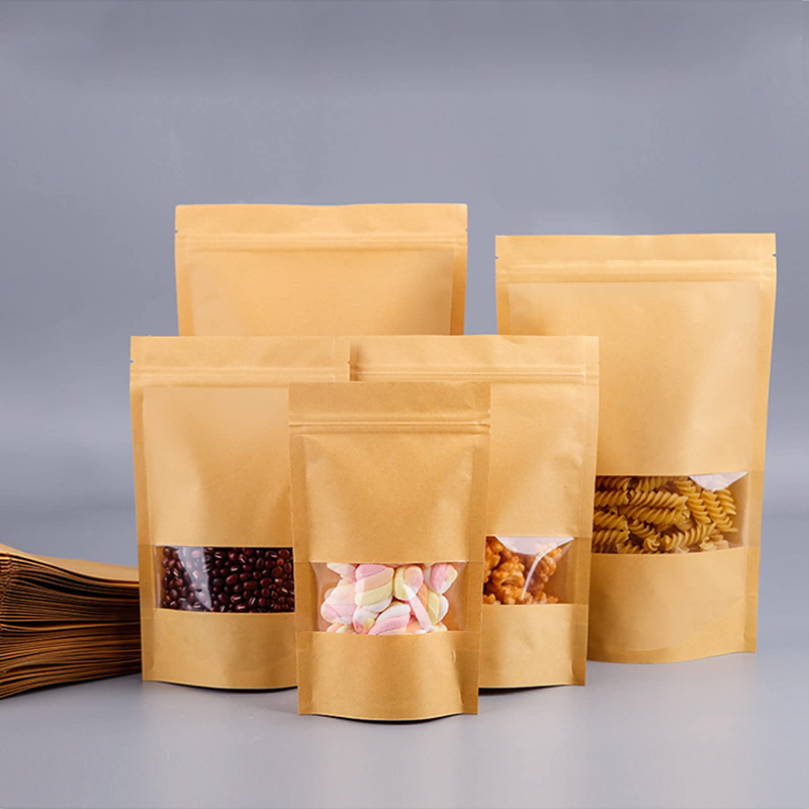 Bolsa de almacenamiento de alimentos Bolsa de papel Kraft biodegradable Stand Up Ziplock Bolsa con ventana transparente Bolsas de regalo reutilizables 50pcs 22X31X5cm