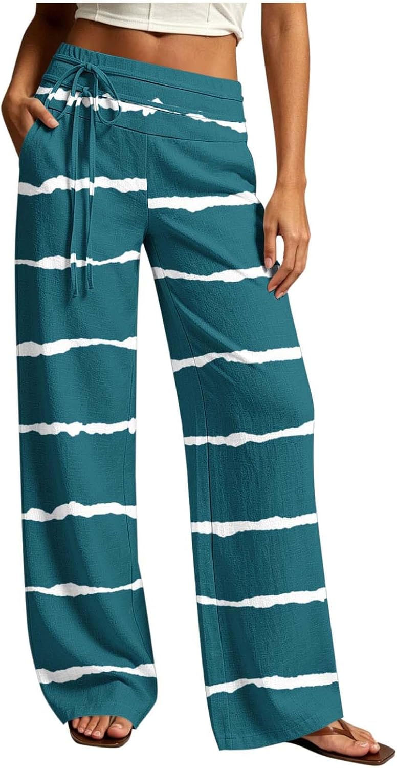 Women Tie Waist Striped Pants Loose Fit Comfy Breathable Lounge Pants Lightweight Fashion Casual Pants with Pockets