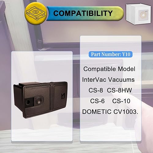 Miniatura 2 de Paquete de 6 bolsas de polvo Y10 para aspiradoras InterVac CS6, CS8, CS8HW, DOMETIC CV1003, parte # Y10-5 sin filtro de motor