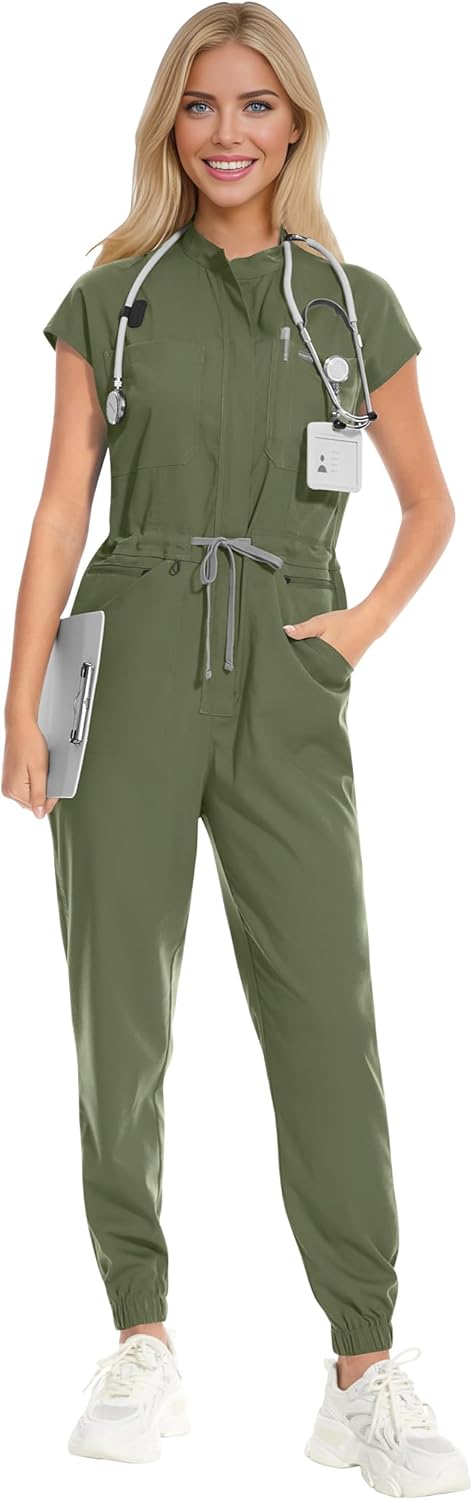VIAOLI Women's Scrub Jumpsuit Completed Jogger Pants with 8 Pocket for Hospitals Clinics Medical Nursing Uniforms Set