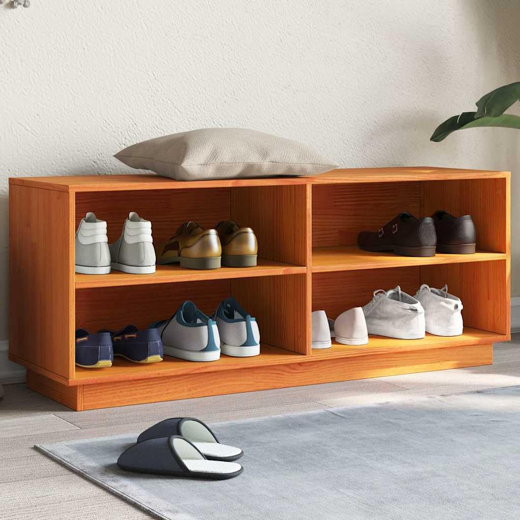 Schuhschrank Massivholz Kiefer 110x34x45cm Wachsbraun | Kompakte Schuhablage aus echtem Kiefernholz mit 4 offenen Fächern und robuster Oberplatte für Flur und Diele.