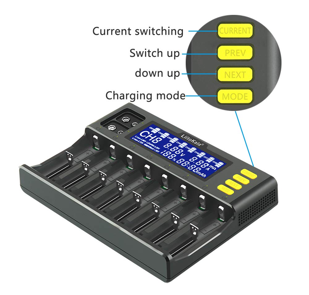 icover Chargeurs de Piles 18650, LiitoKala Chargeur Batterie Écran LCD 8 Baies pour Charge Rapide Li-ION Rechargeable (IMR/ICR) LiFePO4 Ni-MH/CD AA AAA C 21700 26650 18350 14500 RCR123 & 9V Batteries
