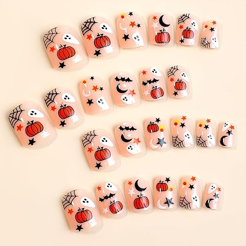 Miniatura 9 de 24 uñas de Halloween, puntas francesas, uñas acrílicas a presión, uñas postizas cortas en forma de almendra, lindas calabazas, murciélagos,