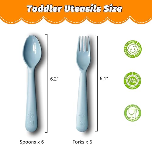 Miniatura 2 de Juego de 12 utensilios de plástico para niños pequeños, 6 tenedores y 6 cucharas para niños, sin BPA, aptos para lavavajillas, cubiertos de colores