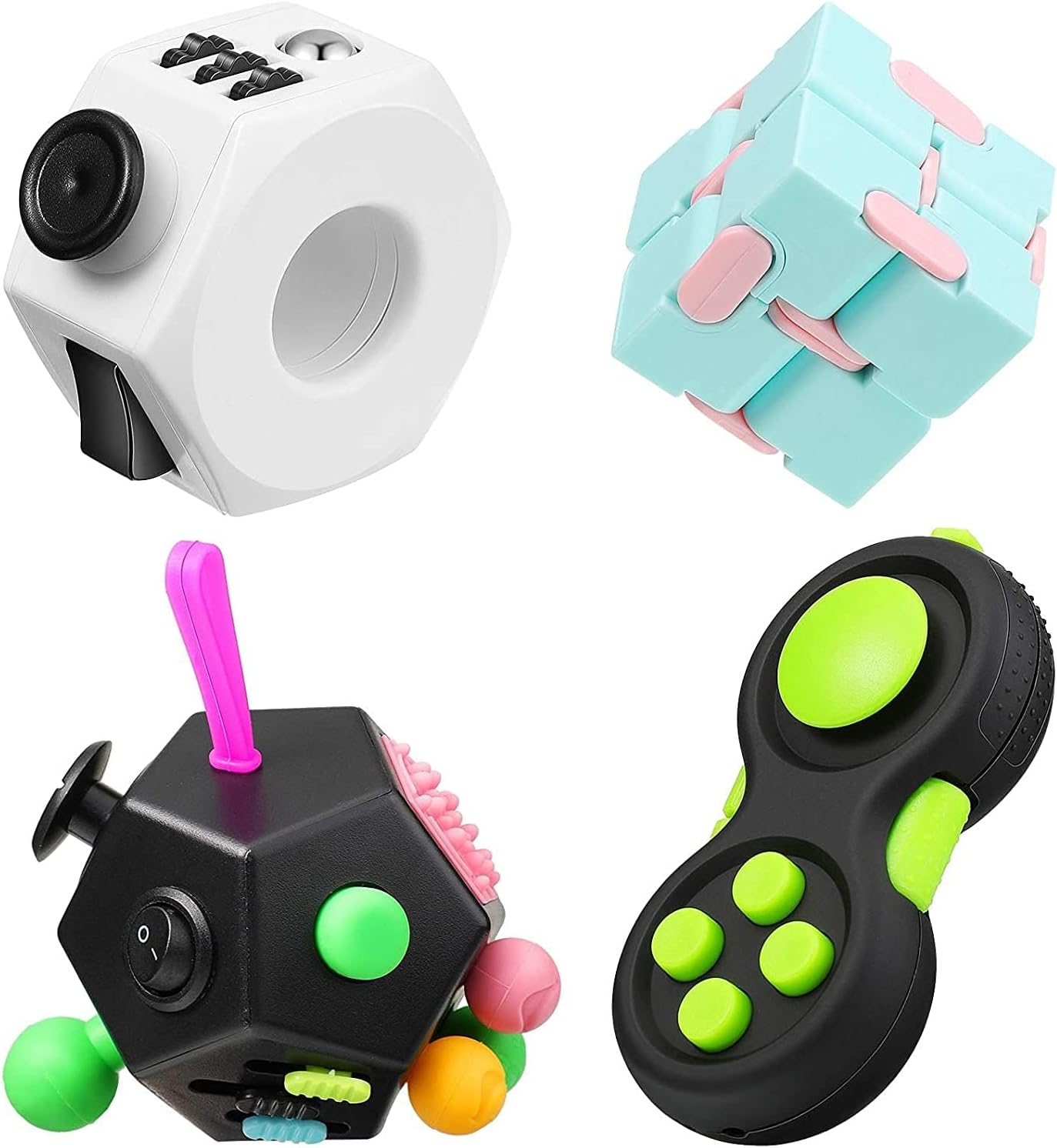 Handheld Mini Fidget Toy Set 4 Pack, 12-Side Fidget Cube, Infinity Cube, Cam Fidget Controller Pad & Decompression Ring for Teens Adults Stress Relief Desk Toys