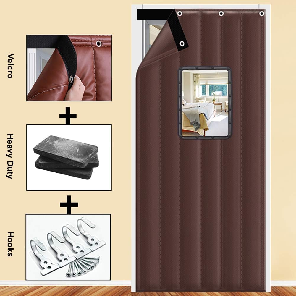 Door curtain Winter Thicken, Oxford Thermal insulated Curtain With transparent window, Patio Blackout Panel Windproof Keep warm Waterproof Soundproof Drapes-Coffee 130X240cm
