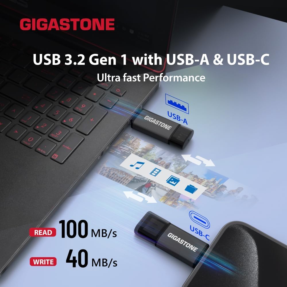 GIGASTONE 16Go Clé USB Double Flash (Lot de 5) Z40 USB 3.2 Gen 1, 2-en-1 Type-A & Type-C, 100Mo/s Ultra Rapide, Plug & Play pour Smartphone/PC/Mac/TV/Voiture, USB 2.0/3.0/3.1 Compatible