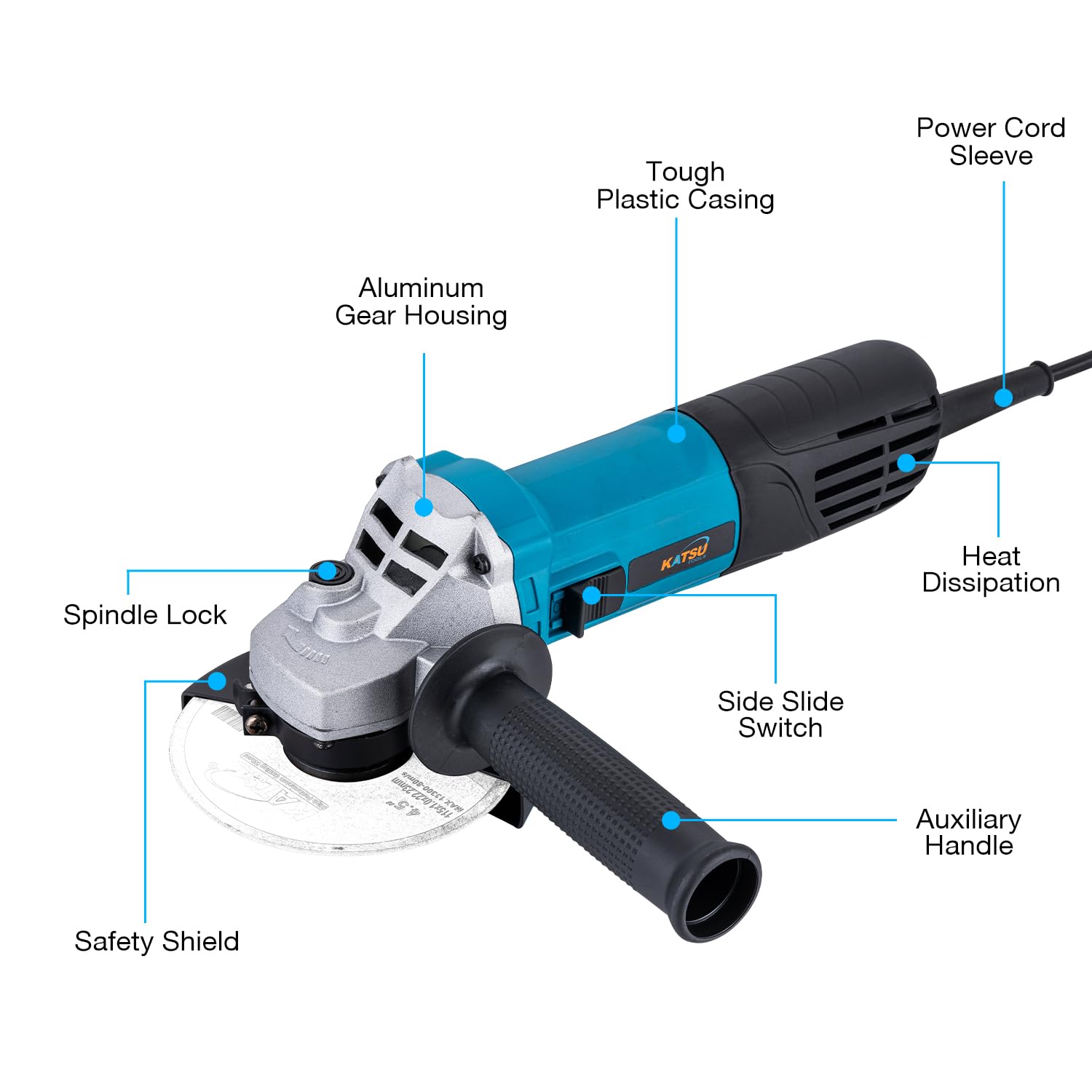 KATSU Tools 115mm 720W Elektryczna szlifierka kątowa do muru, betonu, płytek, metalu, stali - do szlifowania, polerowania i ostrzenia (Budżetowa) 101676E