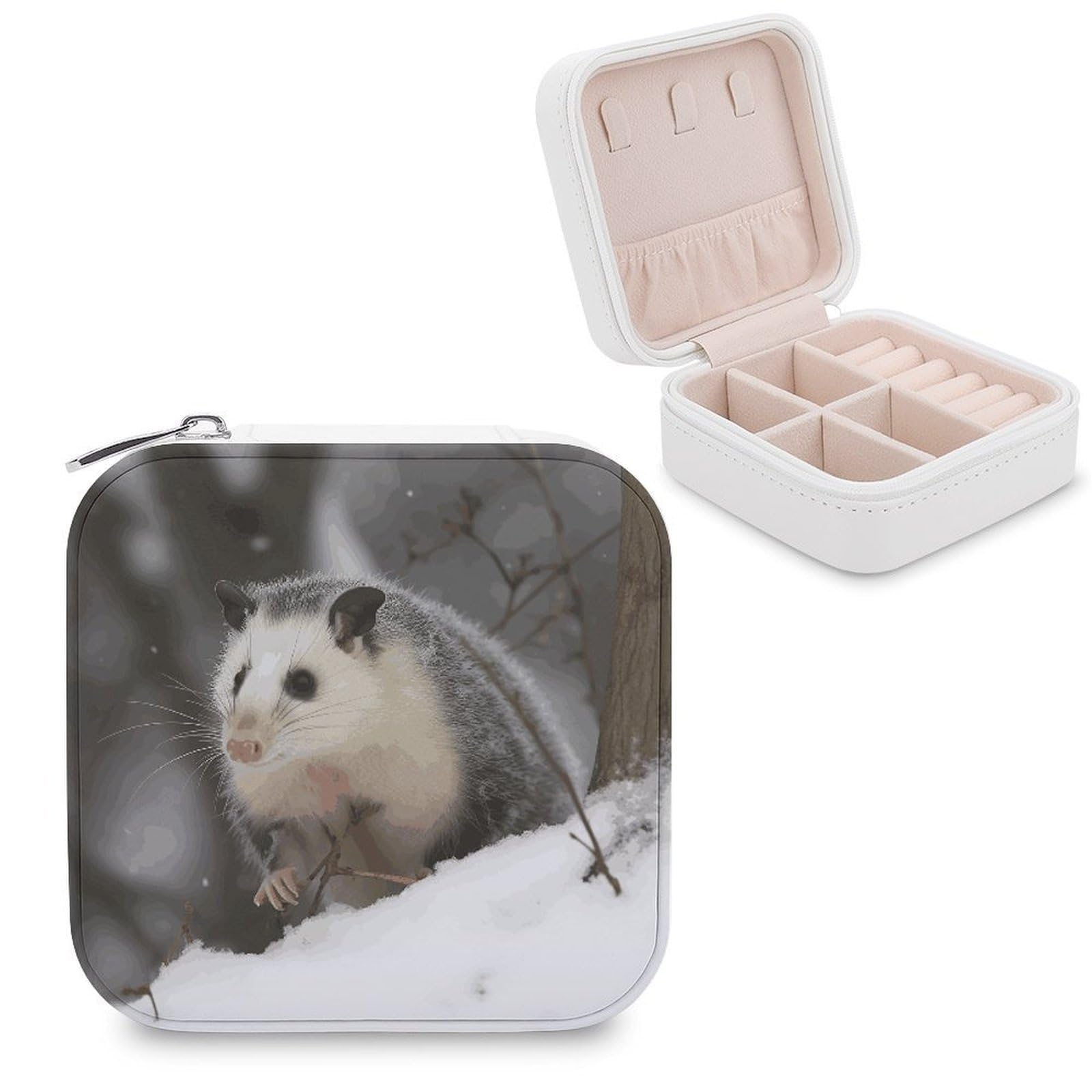 MUSM Opossum In Snow Travel Jewelry Case Personalized PU Leather Jewelry Boxes for Women Small Portable Jewelry Organizer Box Cute Trinket Box for Necklaces Rings Earrings & Gifts