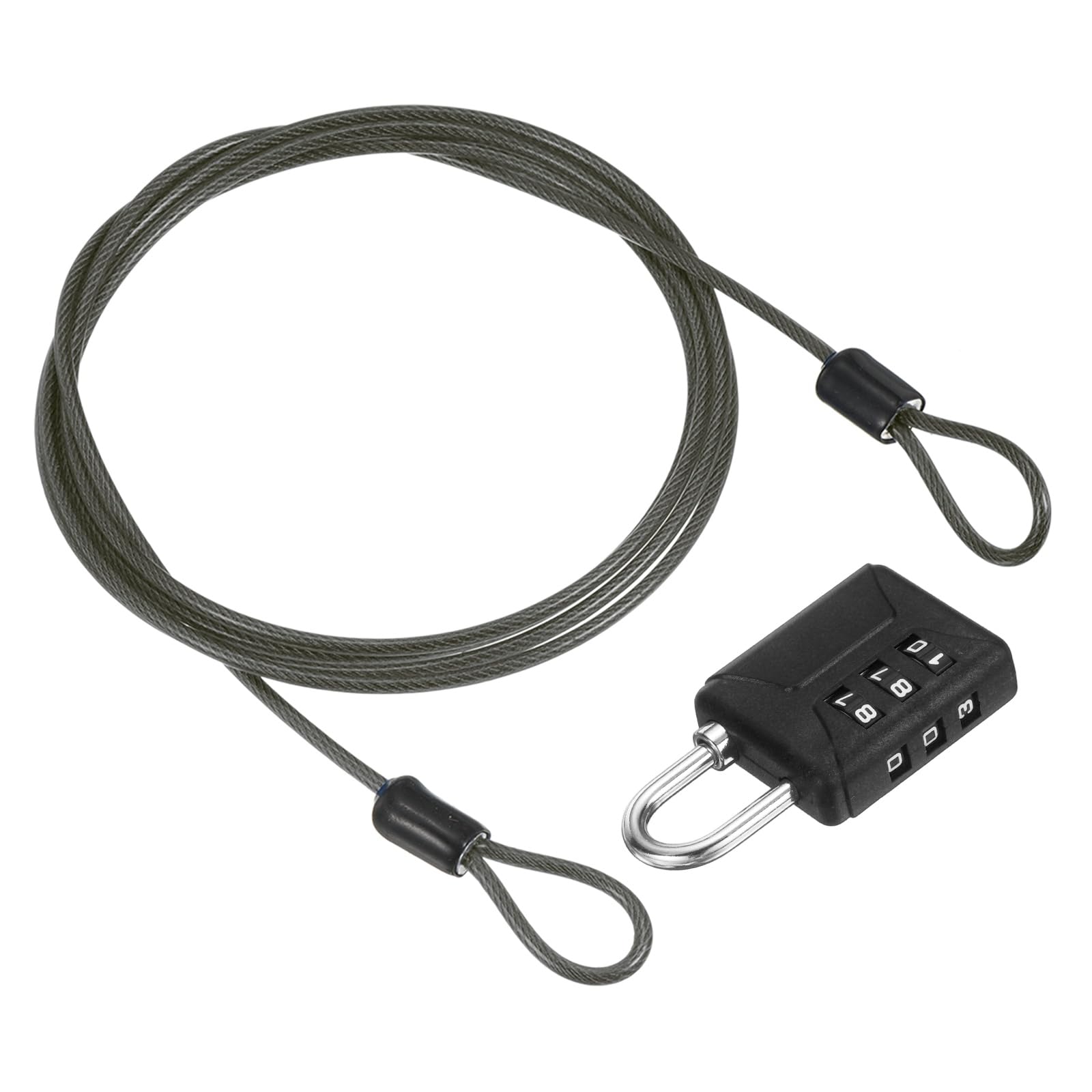 PATIKIL 4.9ft(59.1") Security Steel Cable with 3 Digit Combination Lock, 1 Set Travel Padlock PVC Coated Safety Wire Rope Double Loop for Luggage Suitcase, Gun Gray Black